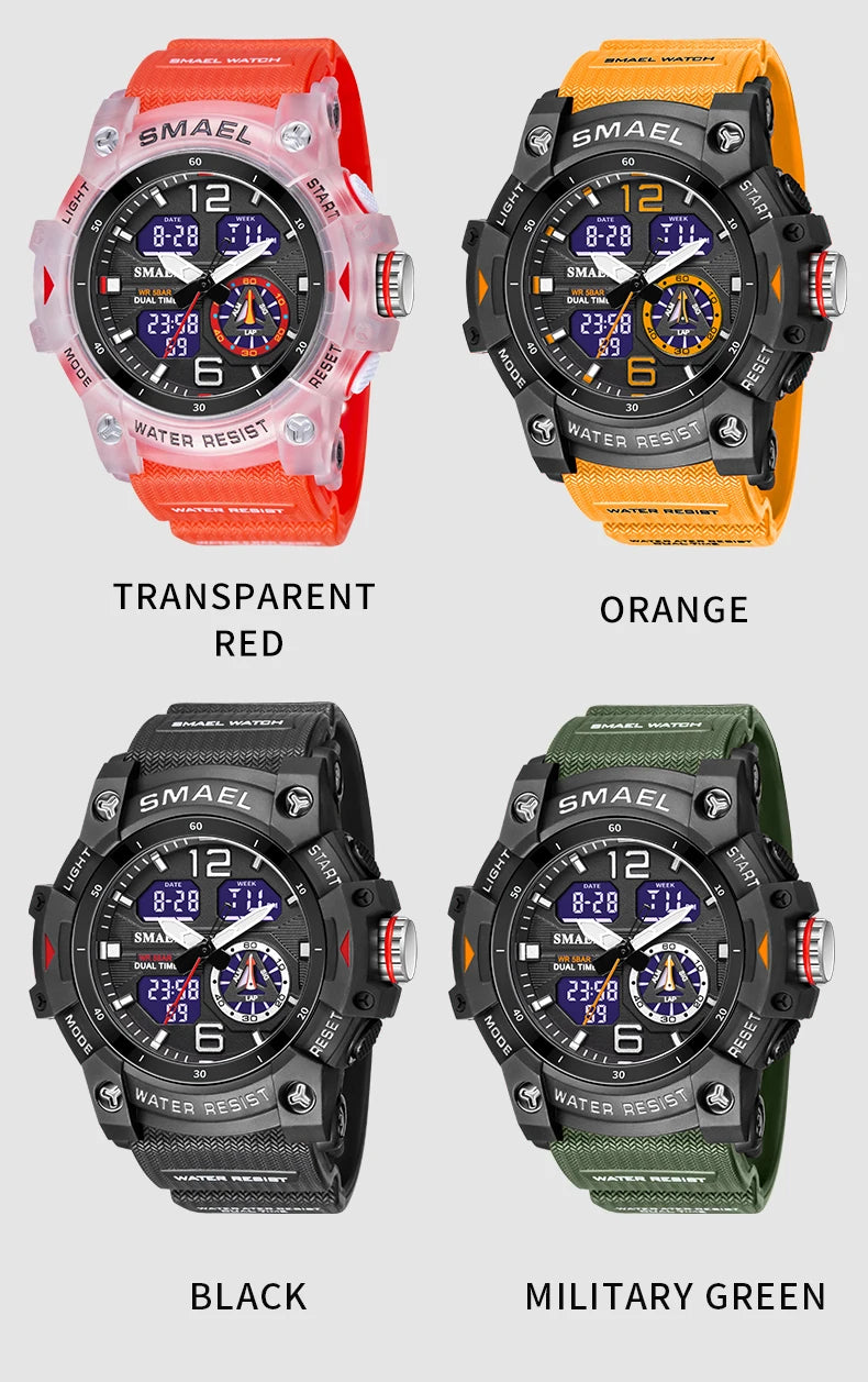 SMAEL 8007 Men's Analog Digital Dual Display Sport Watch - 50M Waterproof LED Backlight Alarm Stopwatch Chronograph Shockproof