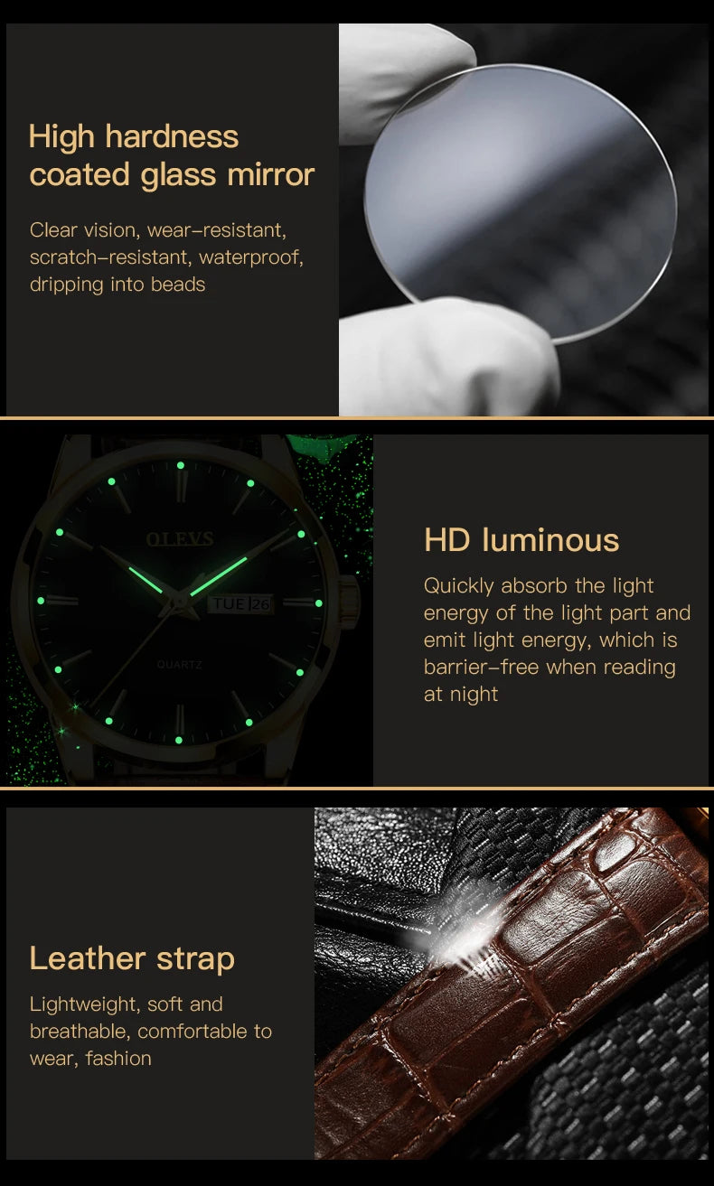 OLEVS  6898 Top Brand Quartz Watch for Men Leather Strap Waterproof Wristwatch Date Week Display Popular Casual Dress Men Watch