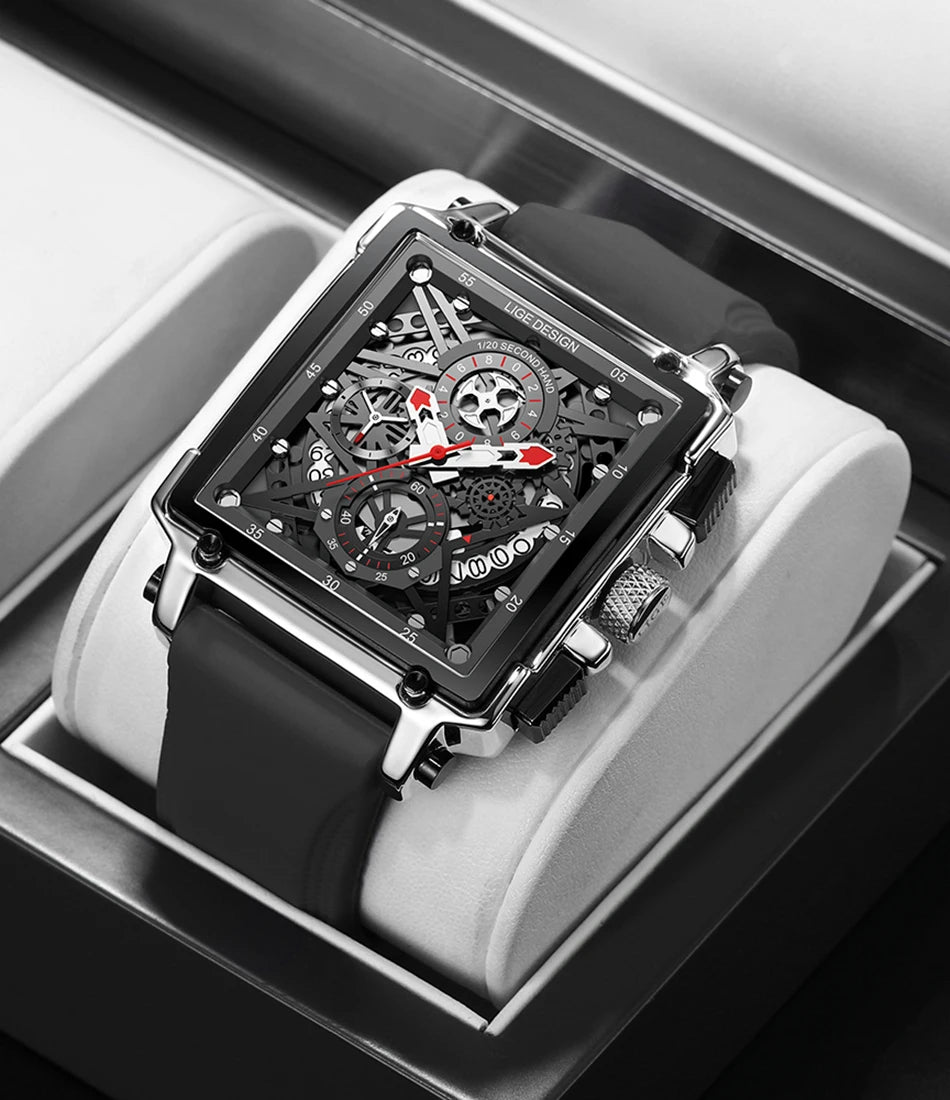 2025 New LIGE Men Watches Top Brand Luxury Hollow Square Sport Watch For Men Fashion Silicone Strap Waterproof Quartz WristWatch