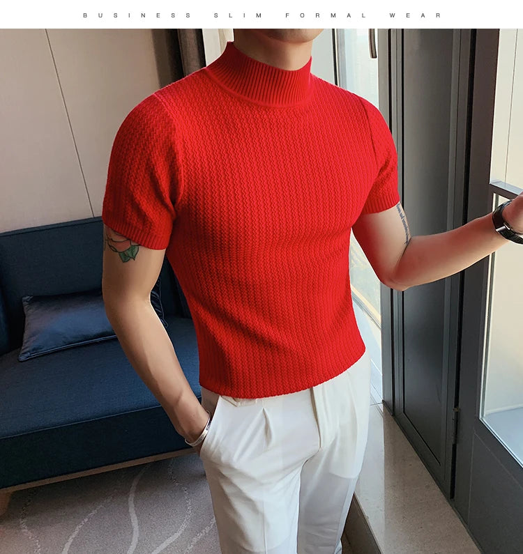 Fall Winter New Short Sleeve Knitted Sweater Men Clothing Half High Neck Slim Fit Sweater T-shirt Casual Stretch Homme Pullover