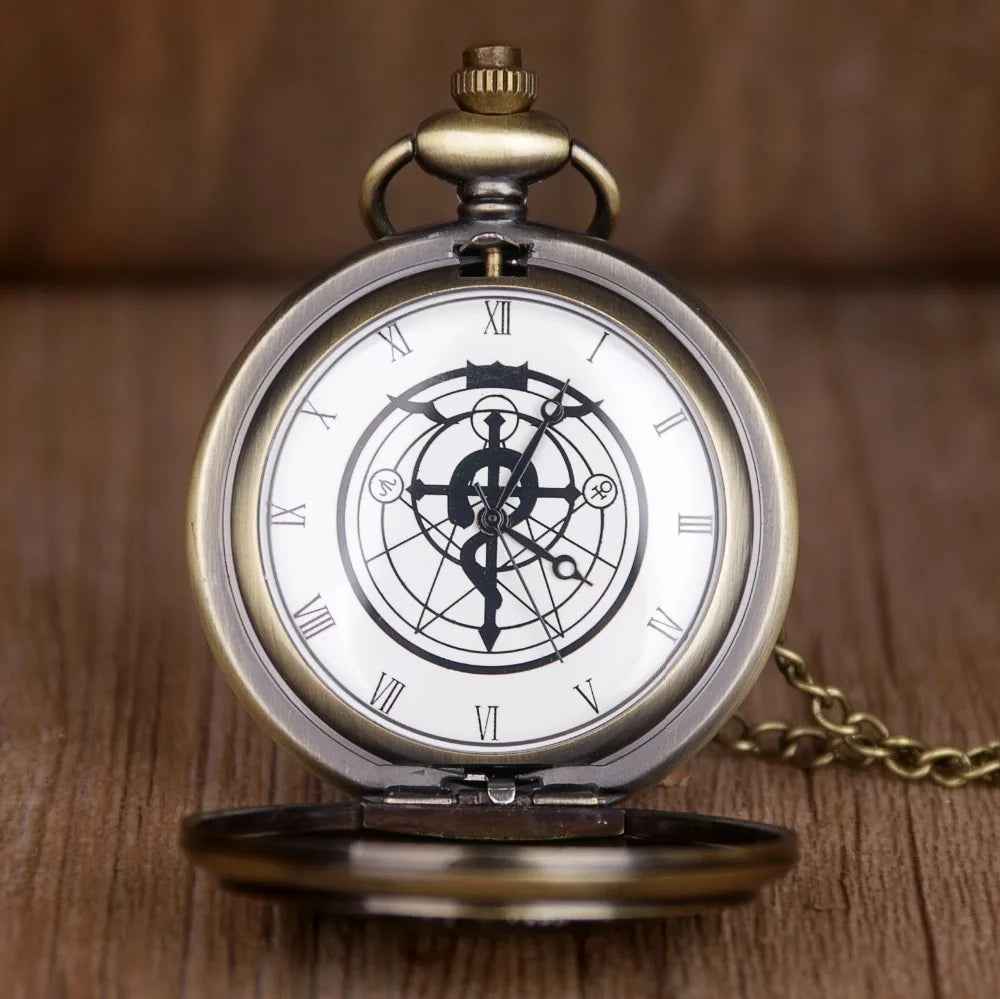 Antique FullMetal Alchemist Edward Elric Cosplay Quartz Pocket Watch with Pendant Necklace Men Women Fob Watch