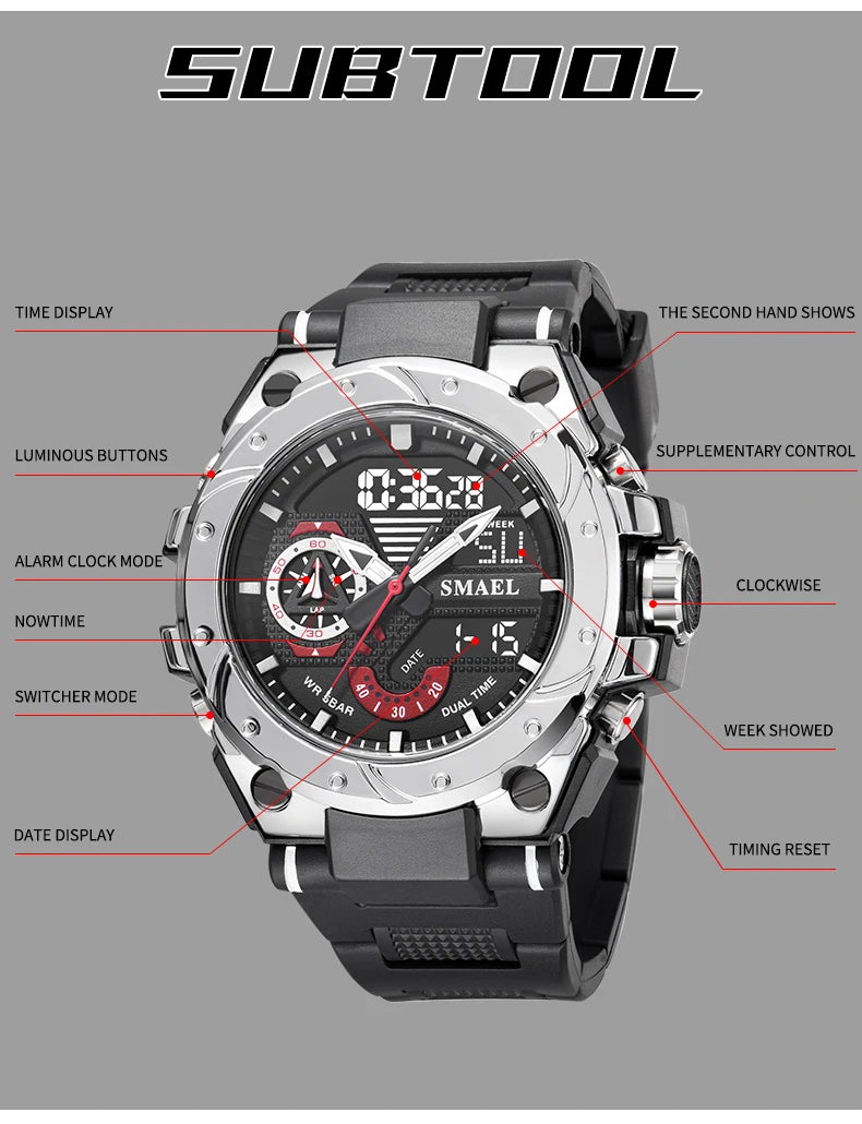 Quartz Watch For Men SMAEL Wristwatches Watcholorful Red Bracelet 50M Waterproof Alarm Clock Analog Digitals 8060 Sport Watches