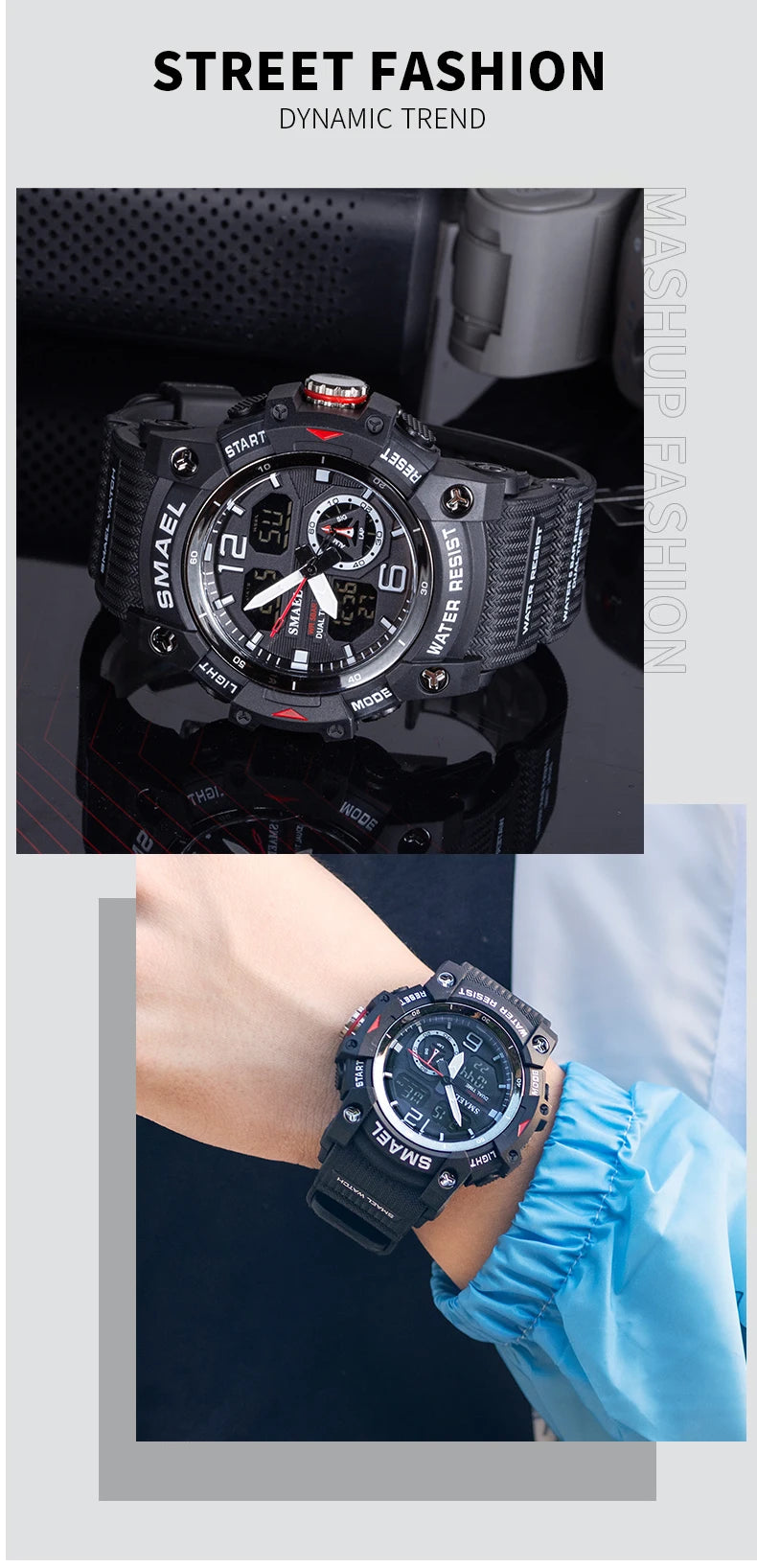 SMAEL 8007 Men's Analog Digital Dual Display Sport Watch - 50M Waterproof LED Backlight Alarm Stopwatch Chronograph Shockproof