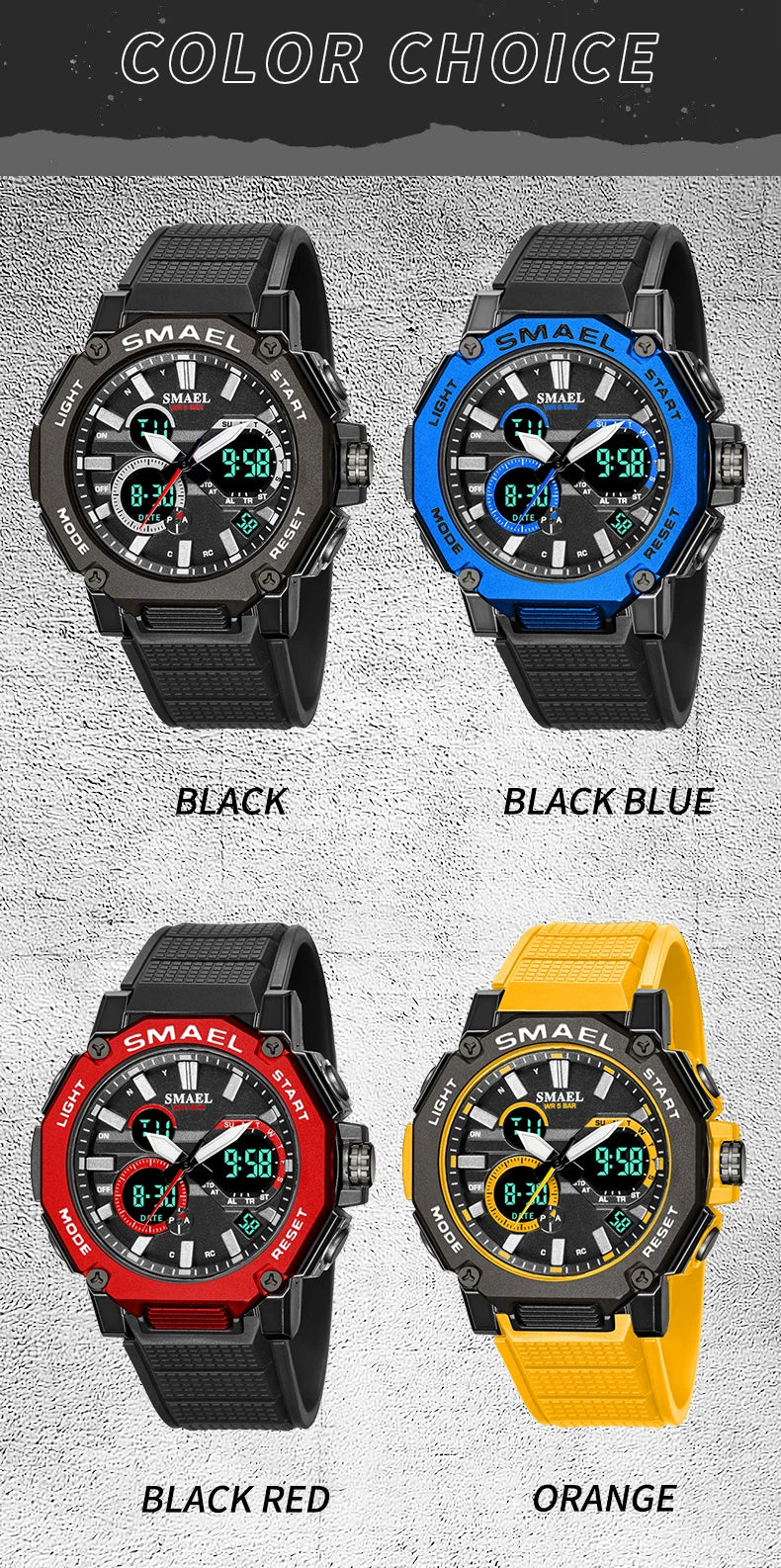 Quartz Watches Sports SMAEL Brand Male Clock Alarm 50M Waterproof Stopwatch LED Back Light Wristwatches 8047 Men Watch Sport