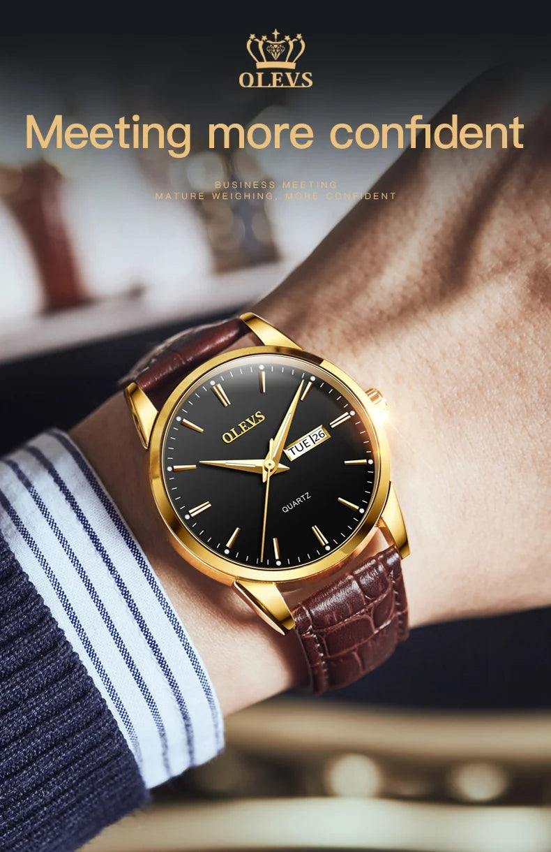 OLEVS  6898 Top Brand Quartz Watch for Men Leather Strap Waterproof Wristwatch Date Week Display Popular Casual Dress Men Watch