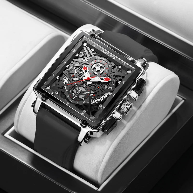 2025 New LIGE Men Watches Top Brand Luxury Hollow Square Sport Watch For Men Fashion Silicone Strap Waterproof Quartz WristWatch