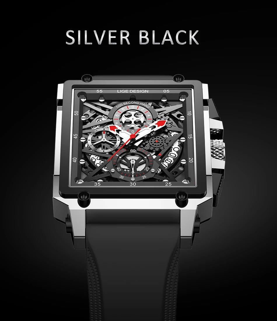 2025 New LIGE Men Watches Top Brand Luxury Hollow Square Sport Watch For Men Fashion Silicone Strap Waterproof Quartz WristWatch