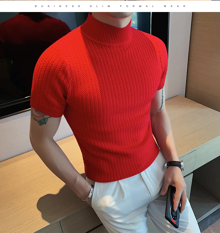Fall Winter New Short Sleeve Knitted Sweater Men Clothing Half High Neck Slim Fit Sweater T-shirt Casual Stretch Homme Pullover