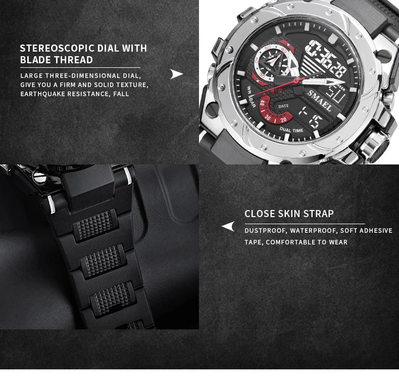 Quartz Watch For Men SMAEL Wristwatches Watcholorful Red Bracelet 50M Waterproof Alarm Clock Analog Digitals 8060 Sport Watches