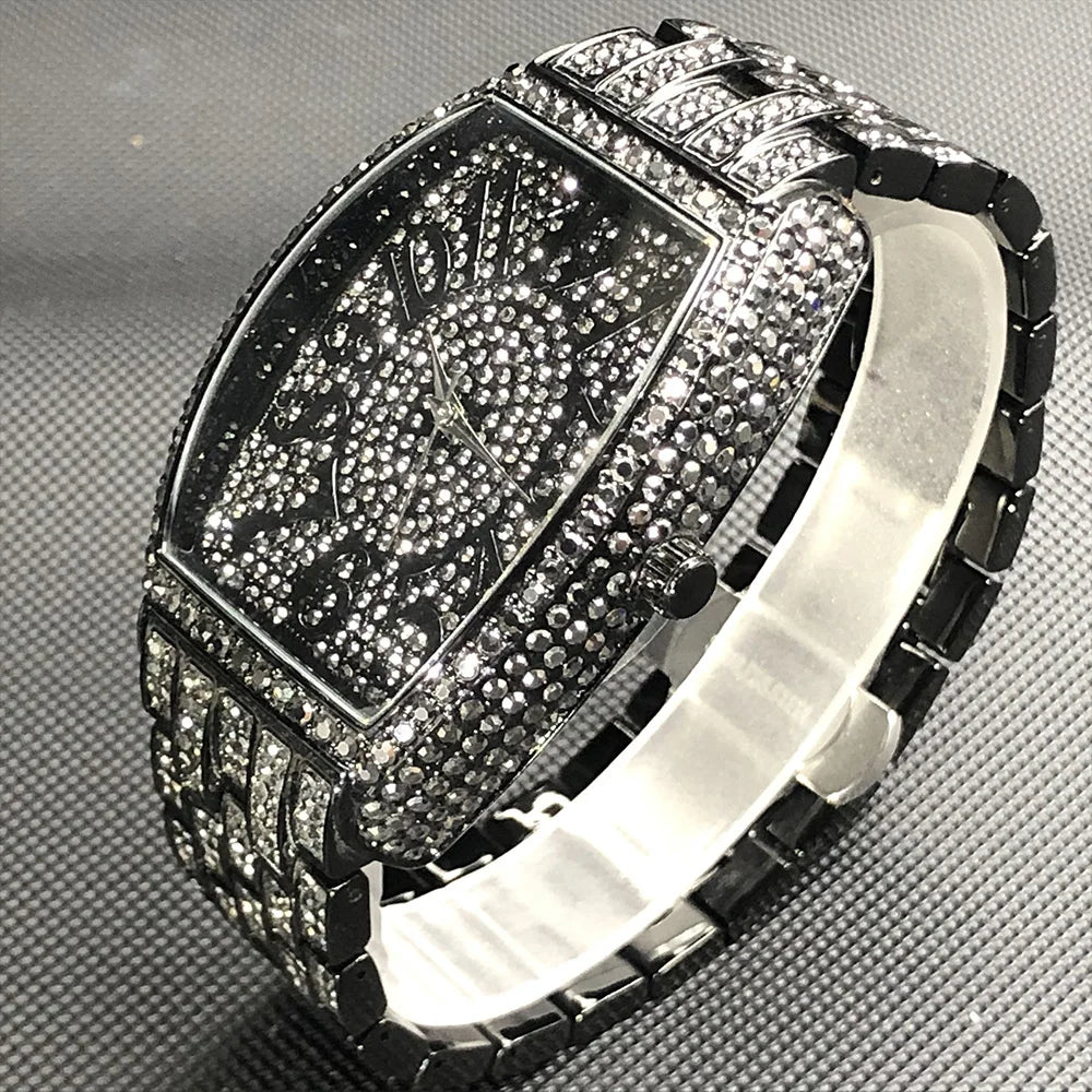 Luxury Ice Out Mens Watches Popular Tonneau Full Diamond Silver Geneva Male Watch Hip Hop Original Waterproof relogio masculino