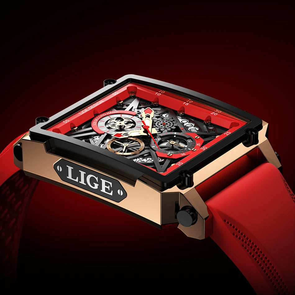 2025 New LIGE Men Watches Top Brand Luxury Hollow Square Sport Watch For Men Fashion Silicone Strap Waterproof Quartz WristWatch