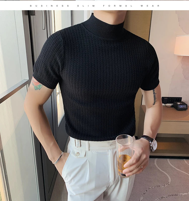 Fall Winter New Short Sleeve Knitted Sweater Men Clothing Half High Neck Slim Fit Sweater T-shirt Casual Stretch Homme Pullover