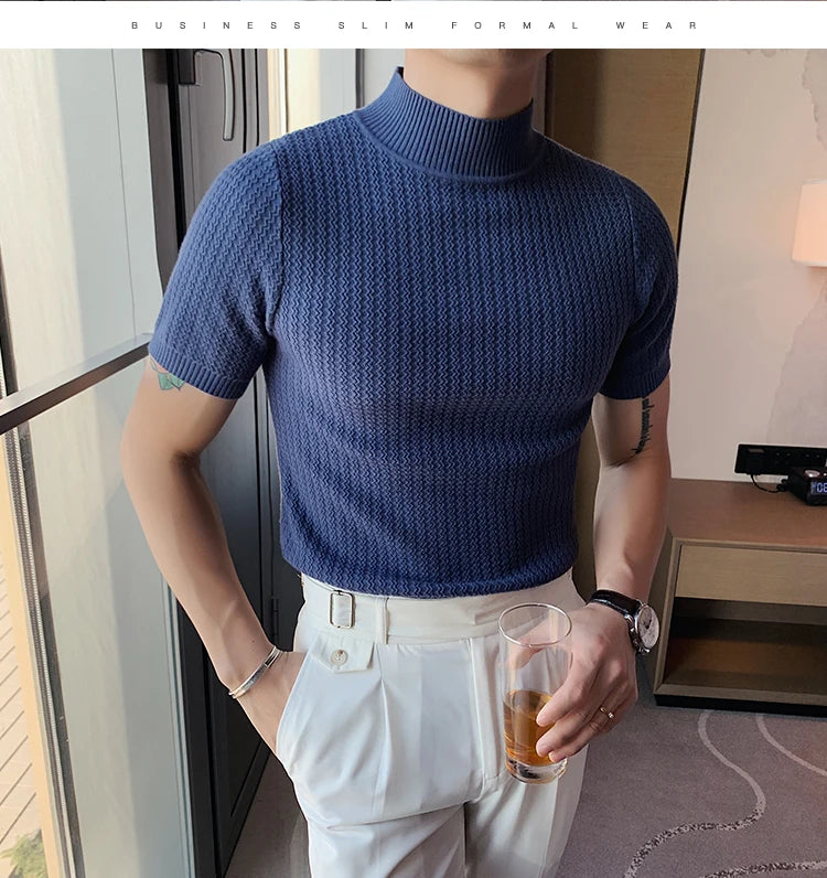 Fall Winter New Short Sleeve Knitted Sweater Men Clothing Half High Neck Slim Fit Sweater T-shirt Casual Stretch Homme Pullover