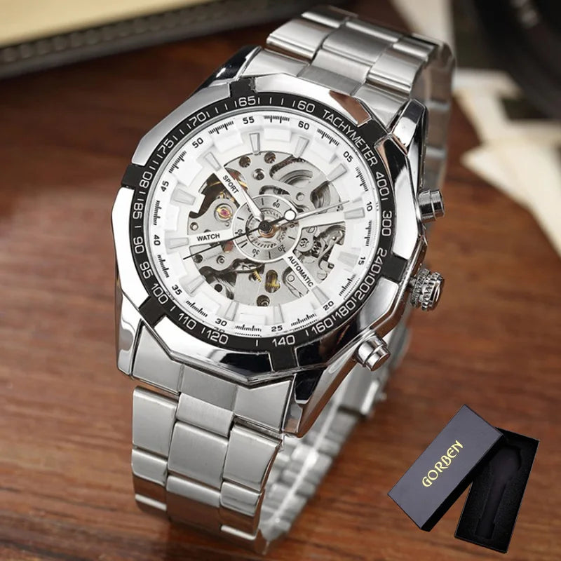 Silver Gold Automatic Mechanical Men's Watch Skeleton Top Luxury Brand Stainless Steel Luminous Male Clock Relogios Masculino