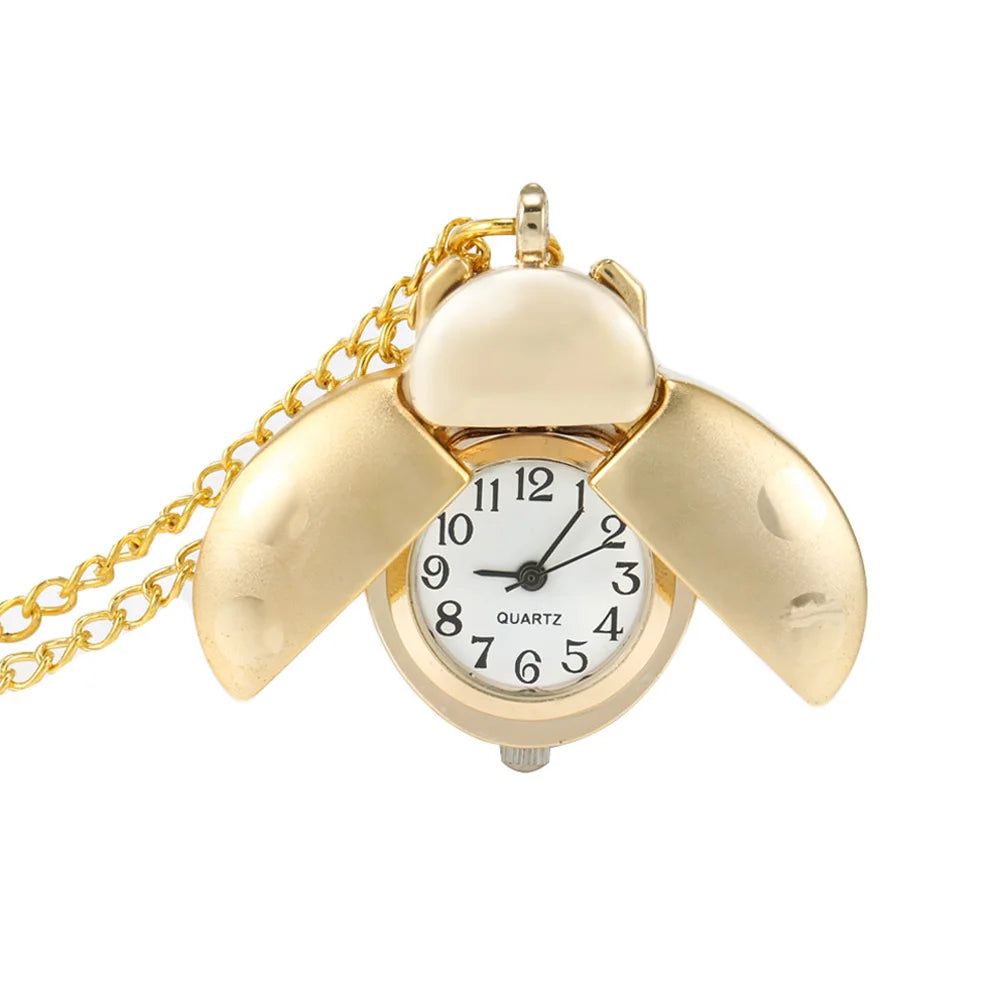 80s Antique Gold Cute Beetle Quartz Pocket Watch Mechanical Pendant Necklace Chain Clip Clock Watches H9