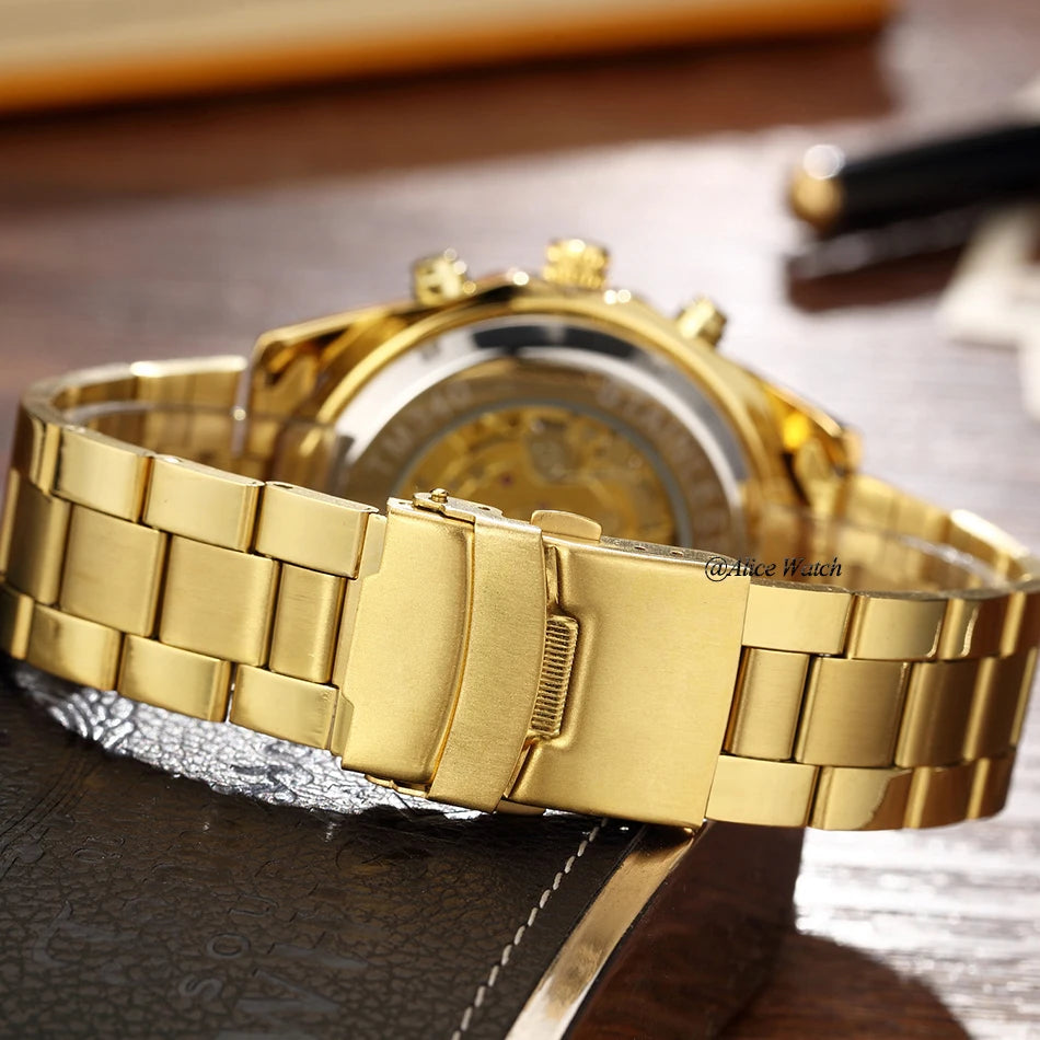 Silver Gold Automatic Mechanical Men's Watch Skeleton Top Luxury Brand Stainless Steel Luminous Male Clock Relogios Masculino