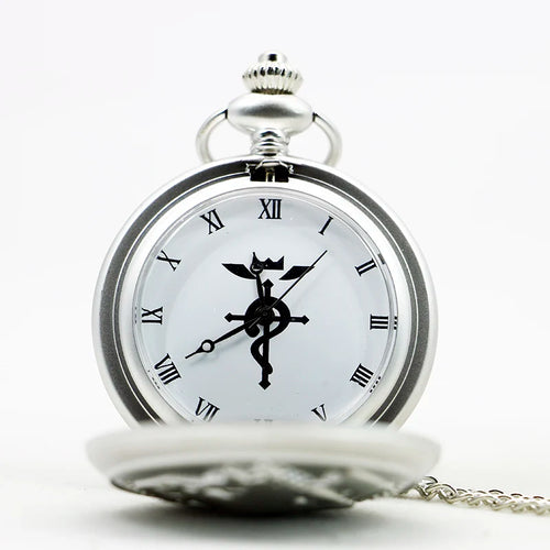 Antique Silver Fullmetal Alchemist Necklace Pendant Quartz Pocket Watch With Chain Gift