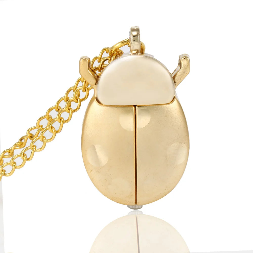 80s Antique Gold Cute Beetle Quartz Pocket Watch Mechanical Pendant Necklace Chain Clip Clock Watches H9