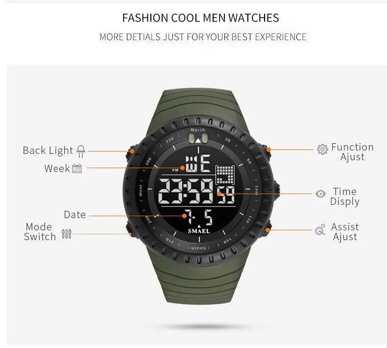 SMAEL 1237 Men's Analog Digital Dual Display Sport Watch - 50M Waterproof LED Alarm Stopwatch Chronograph Shock Resistant