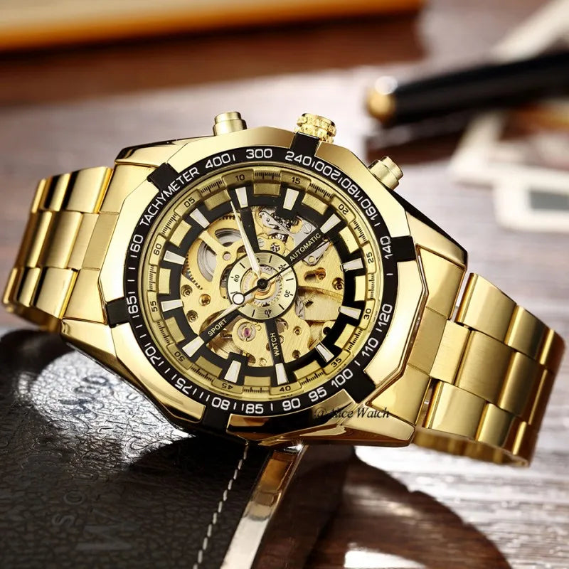Silver Gold Automatic Mechanical Men's Watch Skeleton Top Luxury Brand Stainless Steel Luminous Male Clock Relogios Masculino