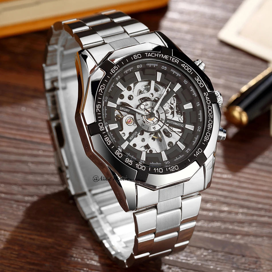 Silver Gold Automatic Mechanical Men's Watch Skeleton Top Luxury Brand Stainless Steel Luminous Male Clock Relogios Masculino
