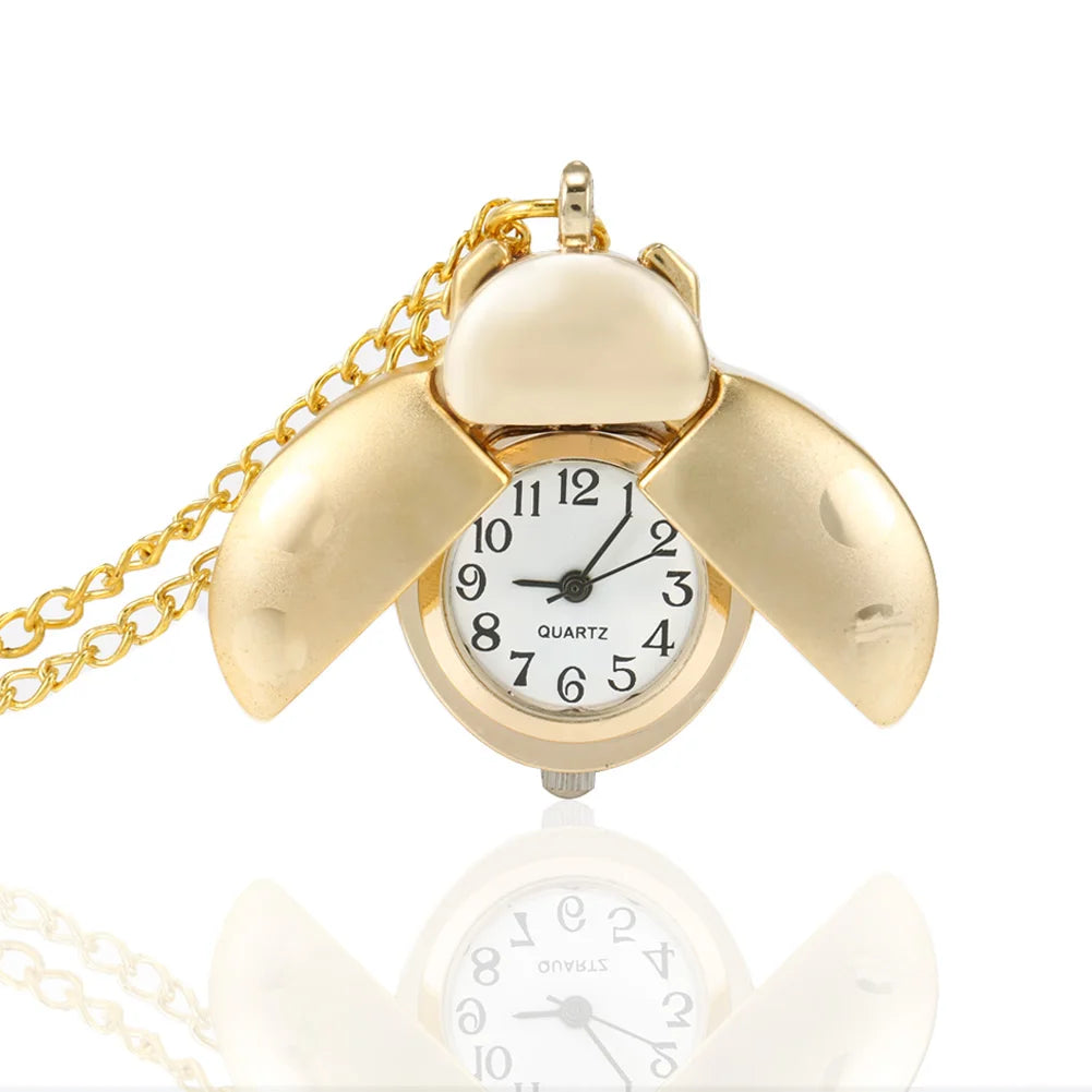 80s Antique Gold Cute Beetle Quartz Pocket Watch Mechanical Pendant Necklace Chain Clip Clock Watches H9