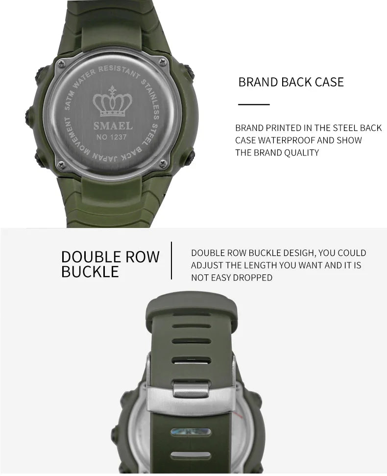 SMAEL 1237 Men's Analog Digital Dual Display Sport Watch - 50M Waterproof LED Alarm Stopwatch Chronograph Shock Resistant