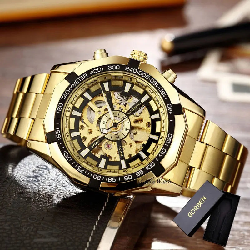 Silver Gold Automatic Mechanical Men's Watch Skeleton Top Luxury Brand Stainless Steel Luminous Male Clock Relogios Masculino