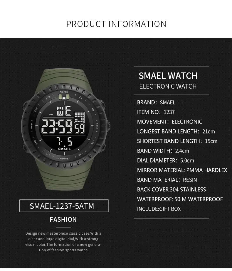SMAEL 1237 Men's Analog Digital Dual Display Sport Watch - 50M Waterproof LED Alarm Stopwatch Chronograph Shock Resistant