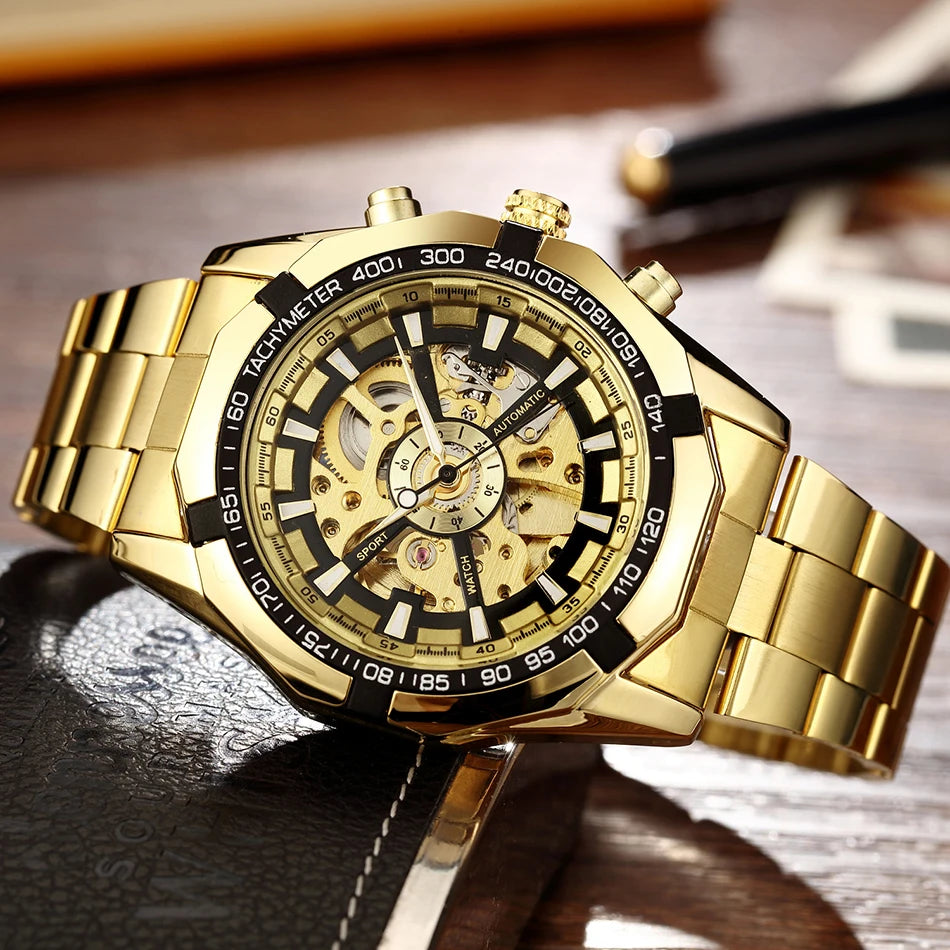 Silver Gold Automatic Mechanical Men's Watch Skeleton Top Luxury Brand Stainless Steel Luminous Male Clock Relogios Masculino