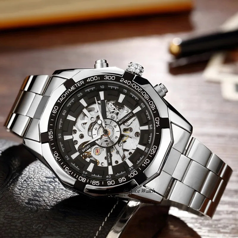 Silver Gold Automatic Mechanical Men's Watch Skeleton Top Luxury Brand Stainless Steel Luminous Male Clock Relogios Masculino