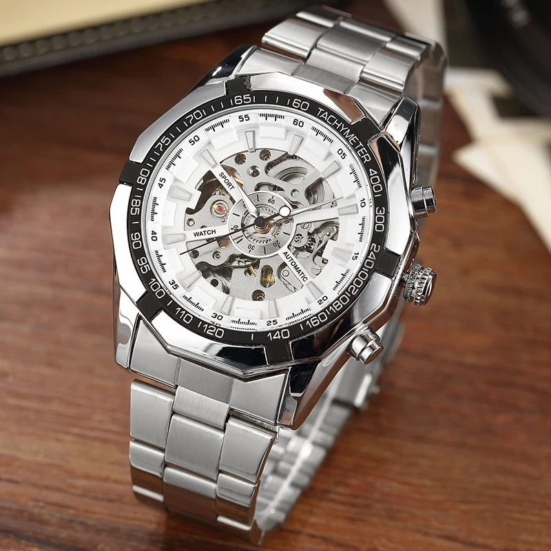 Silver Gold Automatic Mechanical Men's Watch Skeleton Top Luxury Brand Stainless Steel Luminous Male Clock Relogios Masculino