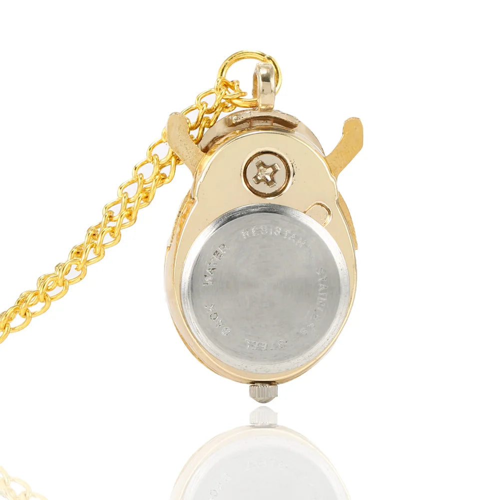 80s Antique Gold Cute Beetle Quartz Pocket Watch Mechanical Pendant Necklace Chain Clip Clock Watches H9