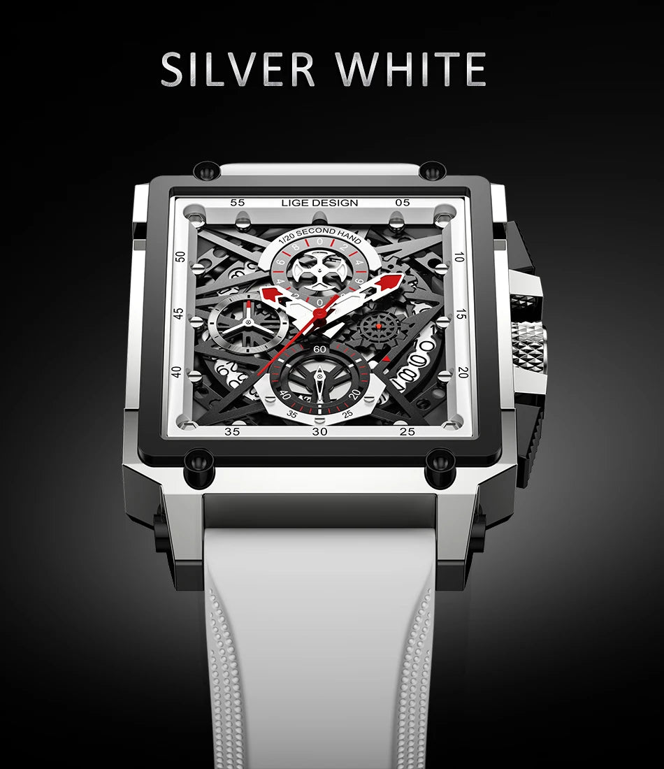 2025 New LIGE Men Watches Top Brand Luxury Hollow Square Sport Watch For Men Fashion Silicone Strap Waterproof Quartz WristWatch
