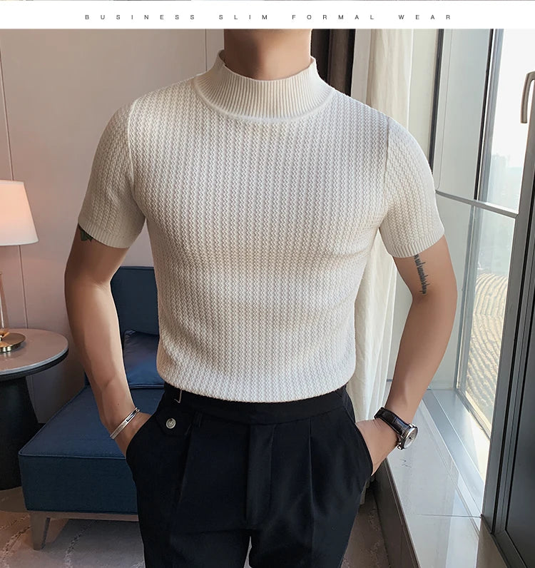 Fall Winter New Short Sleeve Knitted Sweater Men Clothing Half High Neck Slim Fit Sweater T-shirt Casual Stretch Homme Pullover