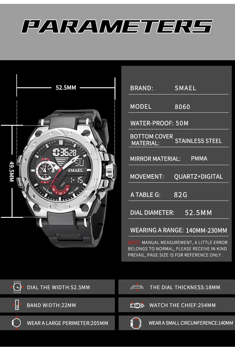 Quartz Watch For Men SMAEL Wristwatches Watcholorful Red Bracelet 50M Waterproof Alarm Clock Analog Digitals 8060 Sport Watches