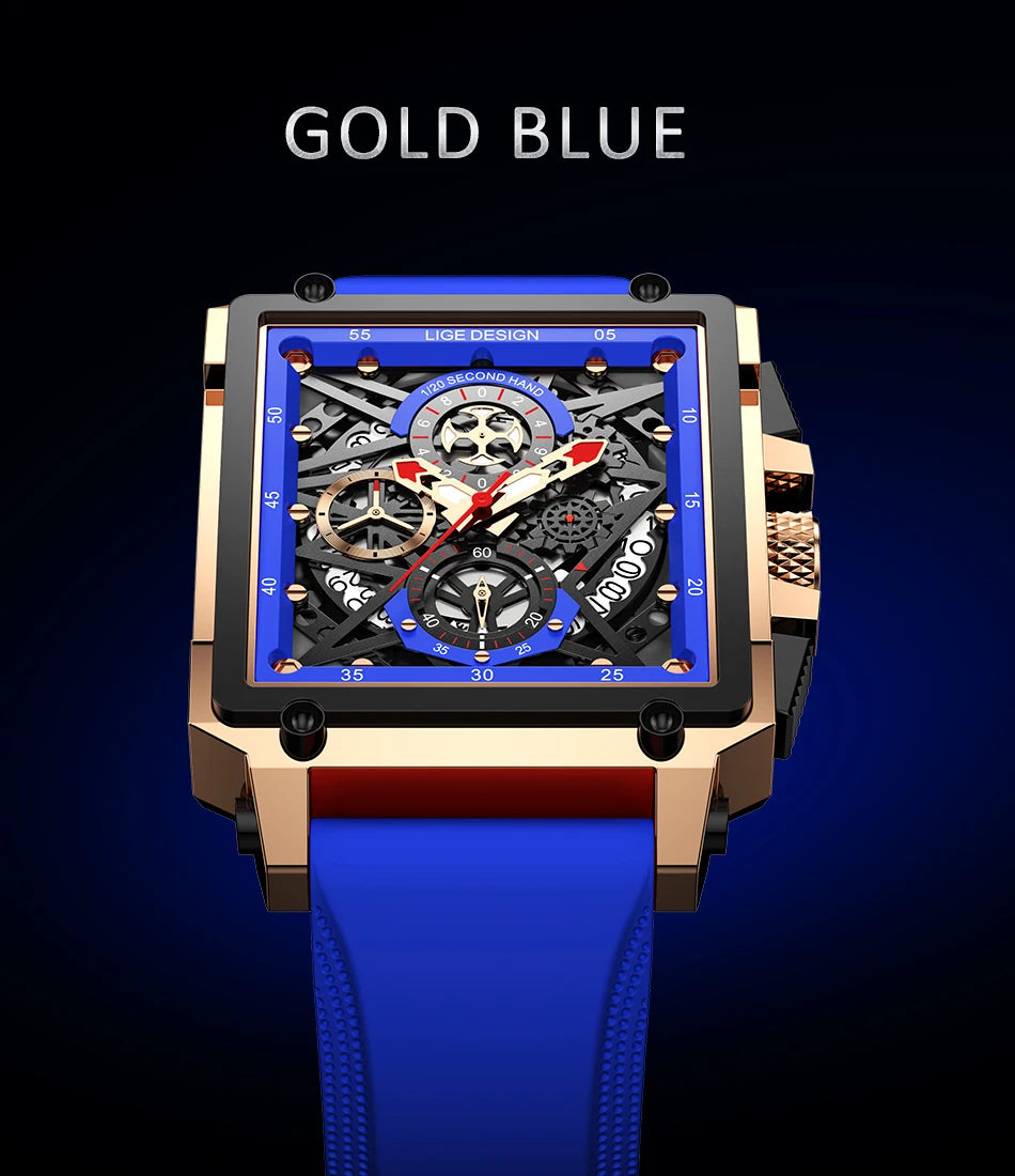 2025 New LIGE Men Watches Top Brand Luxury Hollow Square Sport Watch For Men Fashion Silicone Strap Waterproof Quartz WristWatch