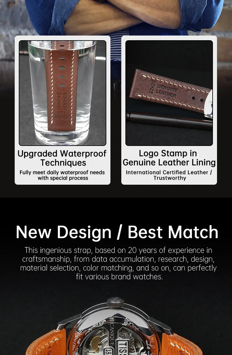 Luxury Handmade Watch Band Genuine Cow Leather Watch Strap With Butterfly Buckle Bracelet For Hamilton SEIKO Citizen Watchbands