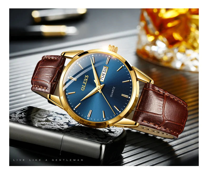 OLEVS  6898 Top Brand Quartz Watch for Men Leather Strap Waterproof Wristwatch Date Week Display Popular Casual Dress Men Watch