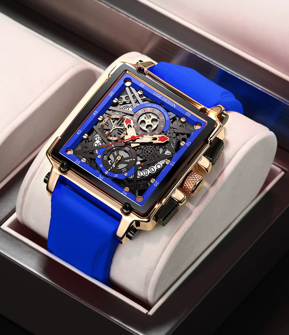 2025 New LIGE Men Watches Top Brand Luxury Hollow Square Sport Watch For Men Fashion Silicone Strap Waterproof Quartz WristWatch