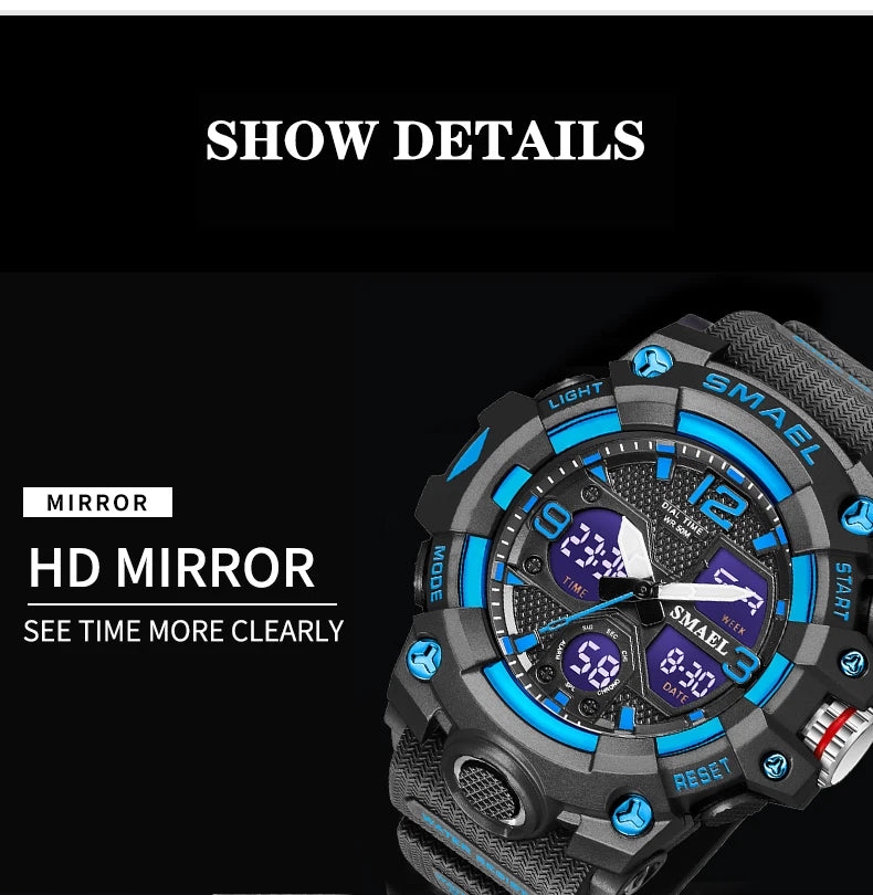 Sport Watch Military Watch For Men Alarm Clock Stopwatch LED Digital Back Light Dual Time Display 8008 Men's Watches Waterproof