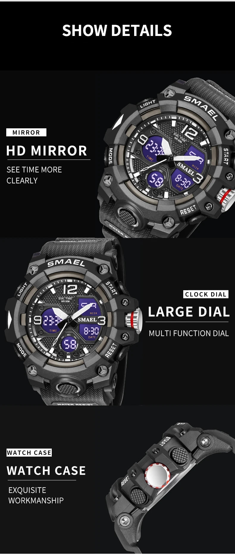 Sport Watch Military Watch For Men Alarm Clock Stopwatch LED Digital Back Light Dual Time Display 8008 Men's Watches Waterproof