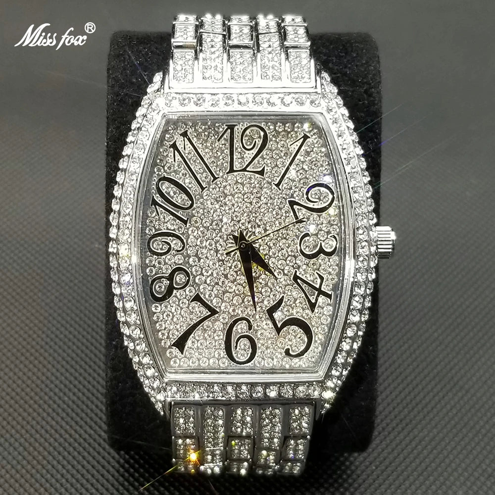 Luxury Ice Out Mens Watches Popular Tonneau Full Diamond Silver Geneva Male Watch Hip Hop Original Waterproof relogio masculino