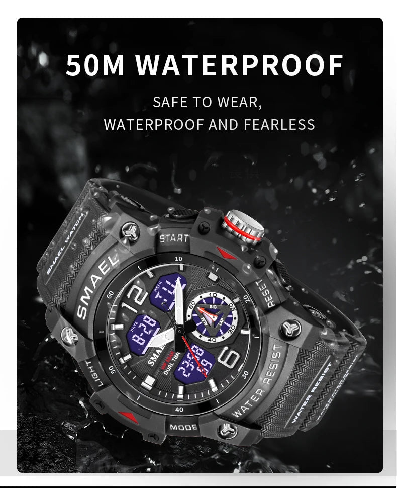 SMAEL 8007 Men's Analog Digital Dual Display Sport Watch - 50M Waterproof LED Backlight Alarm Stopwatch Chronograph Shockproof