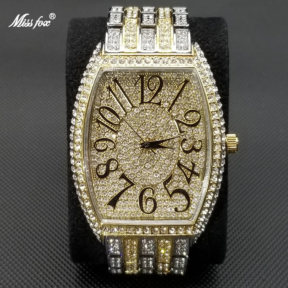 Luxury Ice Out Mens Watches Popular Tonneau Full Diamond Silver Geneva Male Watch Hip Hop Original Waterproof relogio masculino
