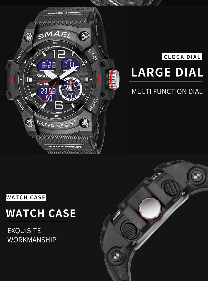 SMAEL 8007 Men's Analog Digital Dual Display Sport Watch - 50M Waterproof LED Backlight Alarm Stopwatch Chronograph Shockproof