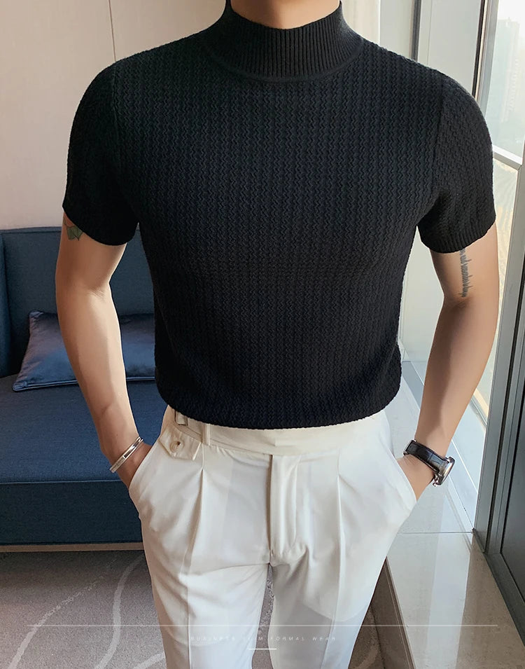 Fall Winter New Short Sleeve Knitted Sweater Men Clothing Half High Neck Slim Fit Sweater T-shirt Casual Stretch Homme Pullover