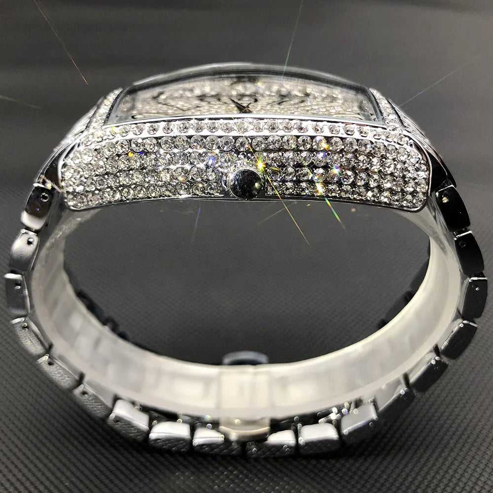 Luxury Ice Out Mens Watches Popular Tonneau Full Diamond Silver Geneva Male Watch Hip Hop Original Waterproof relogio masculino