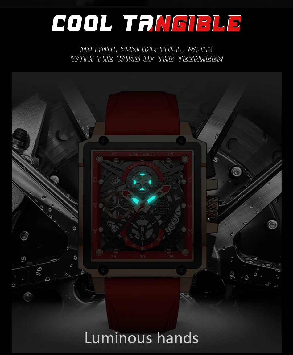 2025 New LIGE Men Watches Top Brand Luxury Hollow Square Sport Watch For Men Fashion Silicone Strap Waterproof Quartz WristWatch