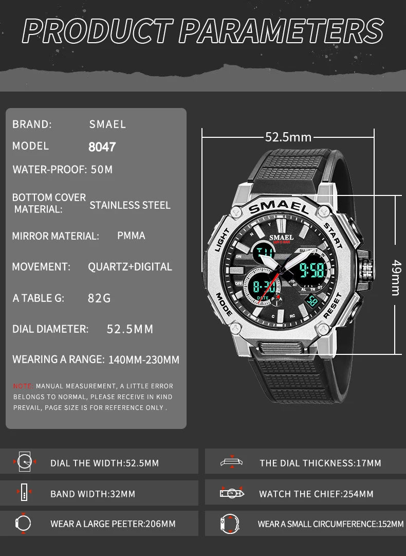 Quartz Watches Sports SMAEL Brand Male Clock Alarm 50M Waterproof Stopwatch LED Back Light Wristwatches 8047 Men Watch Sport